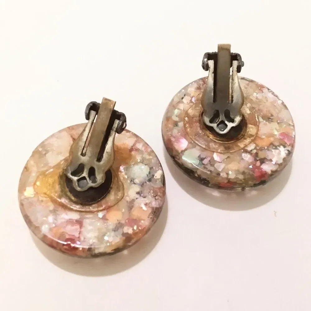 Vintage Mid Century Star Confetti Lucite Clip Earrings Colorful Retro 1960s